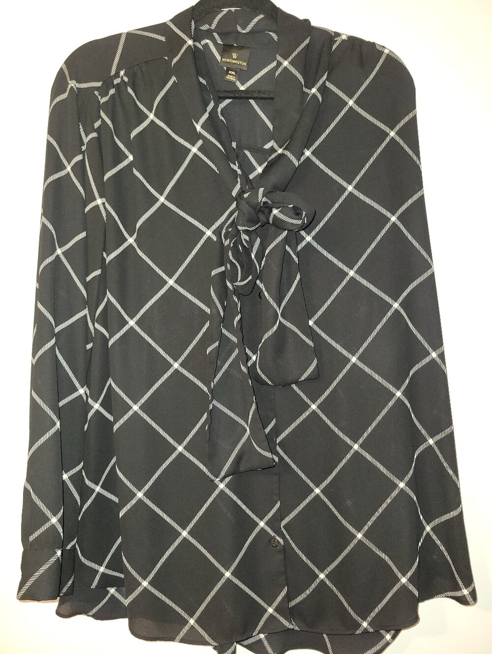 Worthington Black and White Tie-Neck Blouse